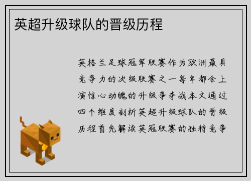 英超升级球队的晋级历程