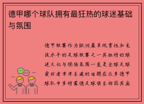 德甲哪个球队拥有最狂热的球迷基础与氛围